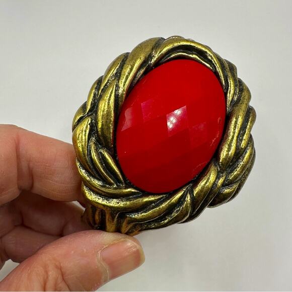 Set of 2 Hinged Faceted Bangle Bracelets Red Black Costume Jewelry Heavy - Picture 5 of 11